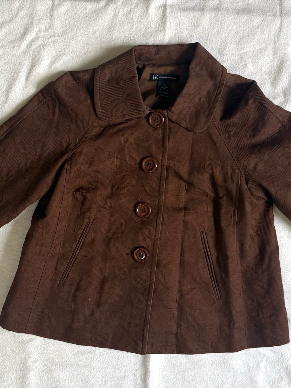 INC International Concepts Brown Button-Front Cropped Pea Coat with 3/4  Sleeves